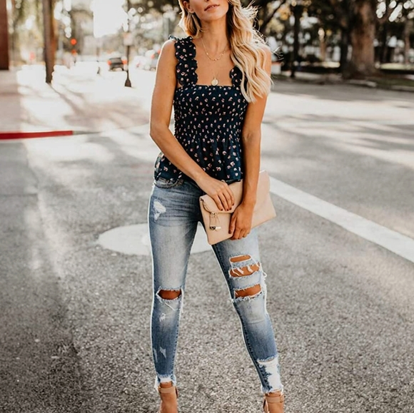 New Navy Floral Smocked Ruffled Tank Top - Picture 6 of 11